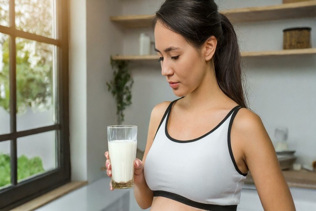 Mulher observando o leite porque tem intolerância a lactose